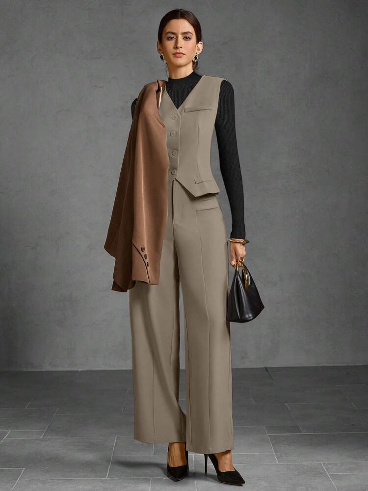 SOLID V-NECK BLAZER VEST & SEAM FRONT WIDE LEG PANTS SET