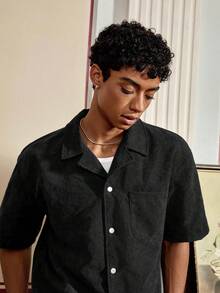 SWAVVY Men's Casual Loose Fit Short Sleeve Woven Shirt, Everyday Wear - Black - View 7