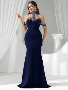 Formal Evening Gown (Heavily Embellished) - Navy Blue - View 4