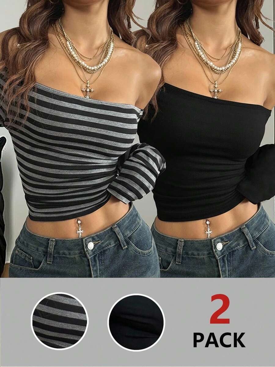 女士秋冬休闲摇滚日常穿着外出针织露肩长袖 T 恤、灰黑条纹和全黑两件套服装 - 彩色 - 查看 1