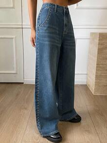DAZY Women's Distressed Washed Rivet Decor Straight Leg Casual Jeans, Street Style, Autumn/Winter