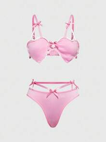 ROMWE Kawaii Women's Cute Heart Bralette With Bow Lingerie Set - Black - View 1