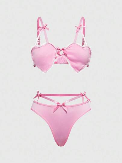 ROMWE Kawaii Women's Cute Heart Bralette With Bow Lingerie Set