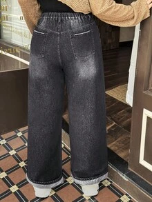 SHEIN EZwear 大码女式宽松口袋阔腿休闲百搭牛仔裤 - 淺灰色 - 查看 2