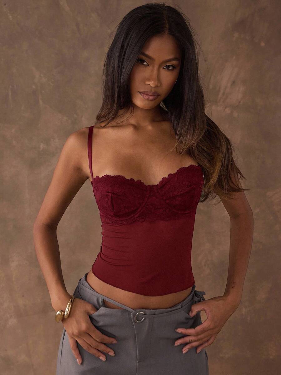 SHEIN BAE Women's Contrast Lace Cropped Fitted Sexy Camisole - Burgundy - View 1