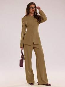 SHEIN BAE Women's Fashion Business Suit Jacket And Pants 2 Pieces Set - Mocha Brown - View 4