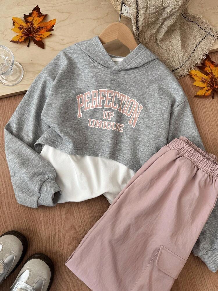 Tween Girl Letter Print Hoodie T-Shirt And Cargo Pants Set