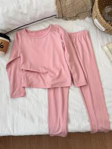 DAZY Young Girl Solid Color Long Sleeve & Long Pants Pajama Set - Multicolor - View 4