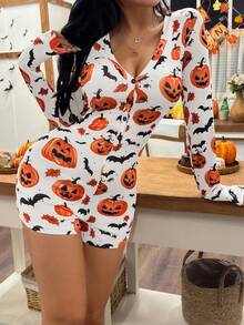 ZzzCrew Halloween Pumpkin & Bat Print Long Sleeve Button-Front Jumpsuit