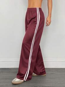 SHEIN PETITE 休闲黑色侧条纹长裤简约时尚日常休闲 - 酒紅色 - 查看 4