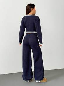 SHEIN PETITE 女款羊毛鬆弛居家兩件套舒適休閒套裝 2件套休閒套裝 女款針織兩件套 2件套針織套裝 秋冬女裝 - 藏蓝色 - 查看 4