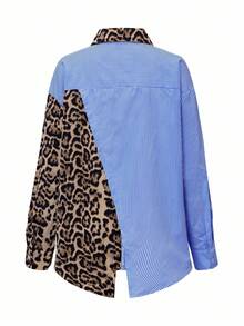 EMERY ROSE 秋季法式优雅豹纹拼色条纹宽松休闲长袖衬衫女士衬衫 - 藍色 - 查看 6