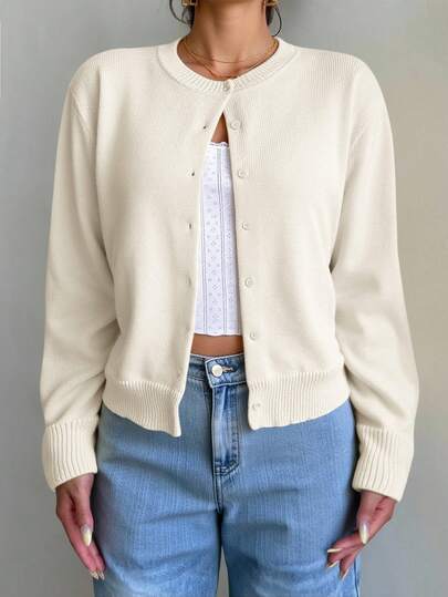 SHEIN Teen Girls Cardigans Knitwear Casual Solid Color Round Neck Long Sleeve Loose Cropped Girl Cardigan Sweater, Warm Comfort, Cozy Chic, Daily Commute Sweater Cardigan Cropped Jacket Bow Cardigan Summer Clothes For Teens Sweater Autumn Winter Clothes For Women