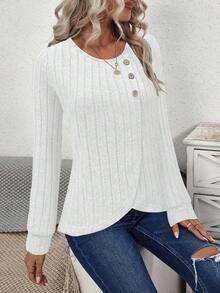 EMERY ROSE Suéter de Tricô Felpudo de Manga Longa com Bainha Peplum em Cor Sólida Casual, Novidade de Outono/Inverno para Mulheres