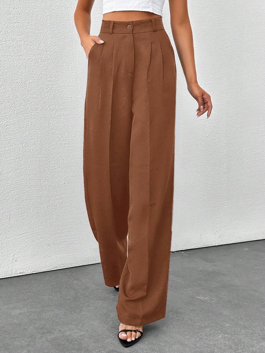 SHEIN Tall 高腰女式纯色阔腿裤 - 棕色 - 查看 1