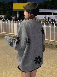 DAZY 少女休闲碎花圆领落肩毛衣，秋冬季