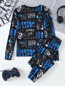 2 件套男童游戏机印花针织弹力圆领长袖上衣和裤子柔软舒适睡衣套装 - 彩色 - 查看 2