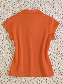 INAWLY Camiseta naranja casual de mujer de manga corta con media cremallera y estampado de letras - Naranja - Ver 2