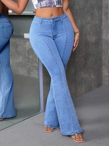 SHEIN ICON Plus Size Women's Fashionable Casual Washed Flare Pants - Light Wash - View 1