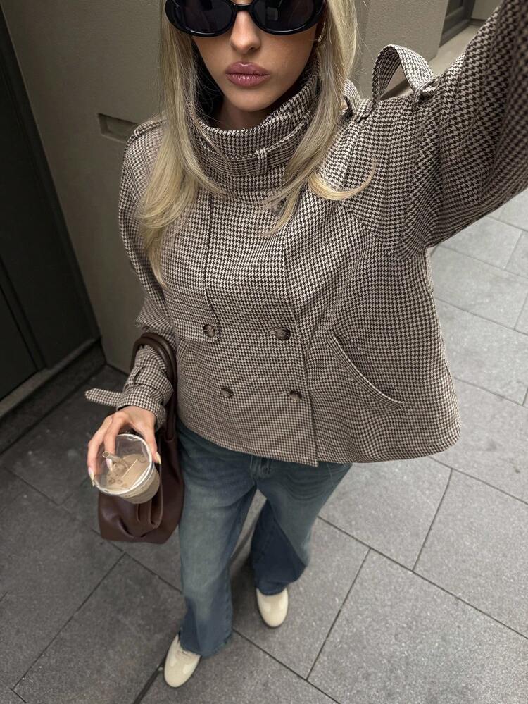 Aloruh Women's Fall/Winter Fashion Chic Casual Loose Houndstooth Patterned Jacket,Women's Winter Jacket,Fall Clothes For Women,Cozy Fall And Winter Clothes For Women - Khaki - View 5