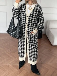 DAZY Cardigan long décontracté en tricot à manches longues avec poches et épaules tombantes, motif pied-de-poule, automne/hiver pour femmes - Noir - Voir 1