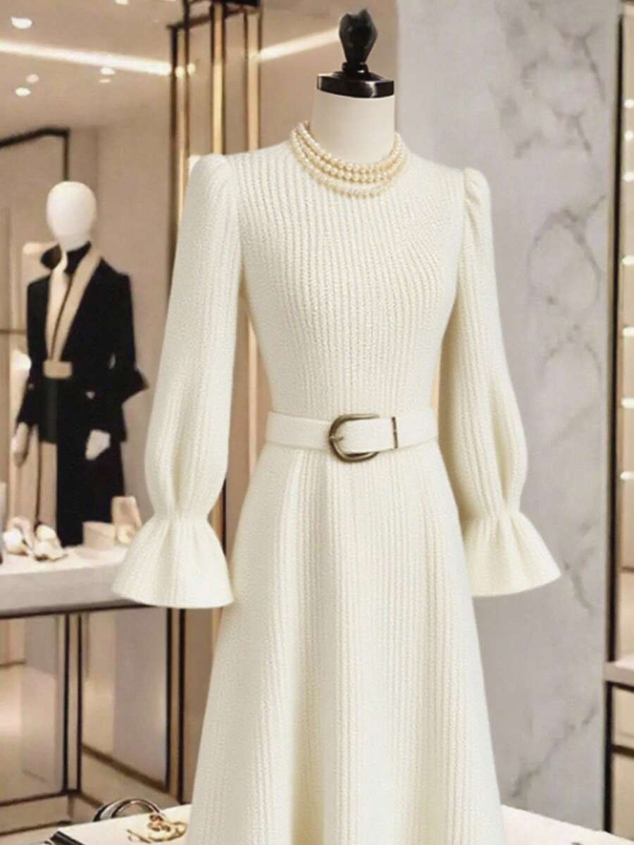 Lyxana Women's Elegant Ruffled Sleeve Buckle Belted Solid Color Sweater Dress, Autumn/Winter - Apricot - View 1