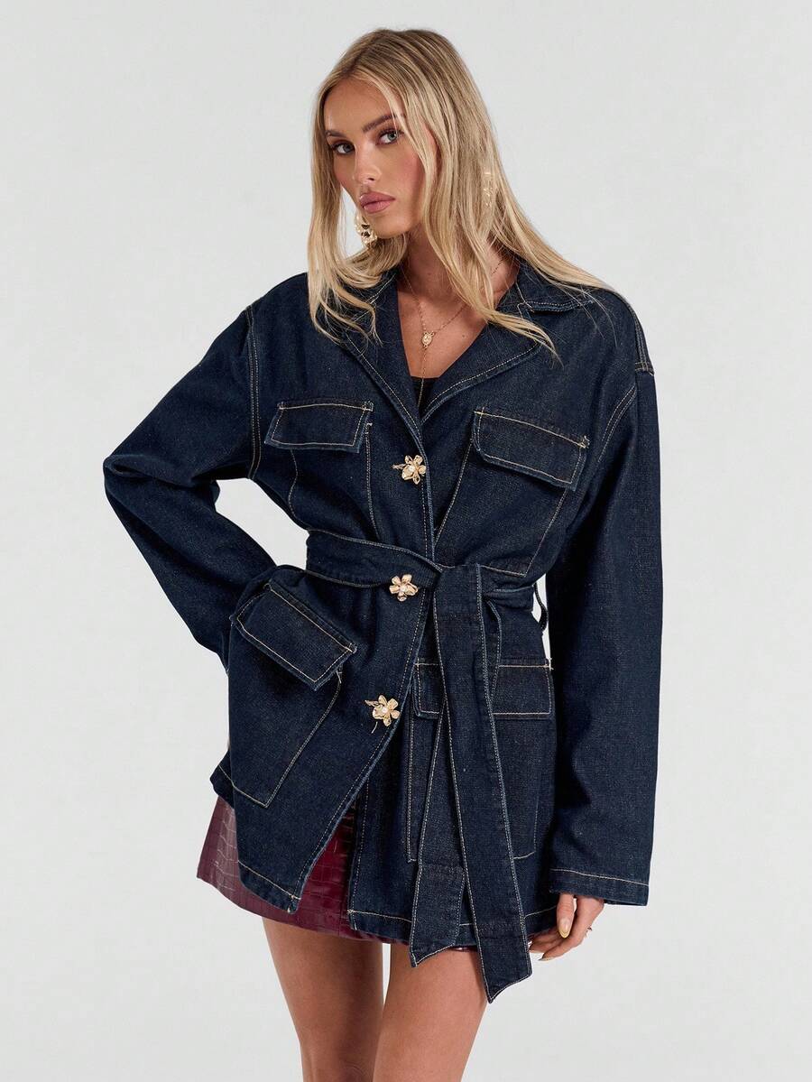 Avantive Blue Denim Jacket With Metal Buttons Fall Winter Christmas New Year Women Elegant Casual Thanksgiving Church Women Autumn Winter Belted Denim Jacket Christmas Elegant Denim Jacket With Belt Denim Shacket - Dark Wash - View 1