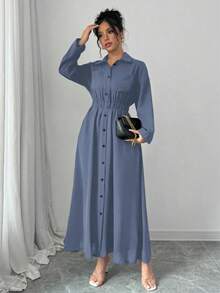 Elenzga Women's Spring/Autumn Solid Color Long Sleeve Single-Breasted Long Casual Shirt Dress Maxi Women Outfit