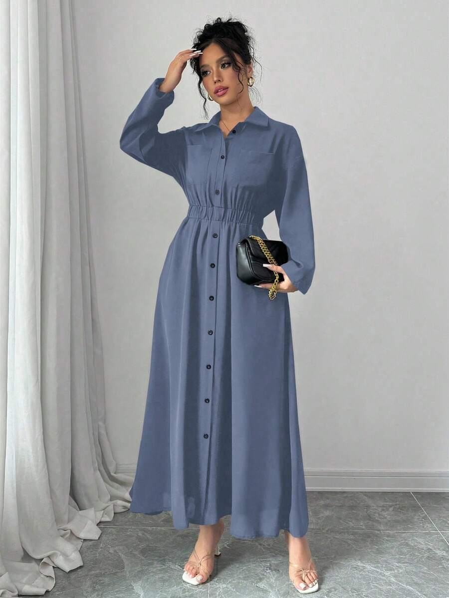 Elenzga Women's Spring/Autumn Solid Color Long Sleeve Single-Breasted Long Casual Shirt Dress Maxi Women Outfit