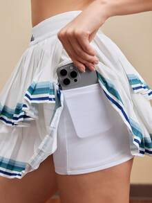 SHEIN Unity 撞色条纹褶皱双层运动裙短裤 - 白色 - 查看 6