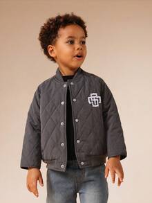 SUMWON 儿童绗缝飞行员夹克钻石缝制图案冬季外套经典罗纹领时尚街头服饰休闲保暖日常外套 - 深灰色 - 查看 4