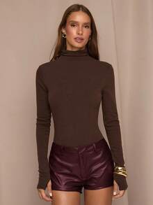 SHEIN BAE 女式纯色褶皱休闲短裤 - 酒紅色 - 查看 7