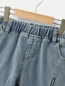 男童休闲日常水洗斜口袋松紧腰牛仔裤 - 中等水洗藍 - 查看 3