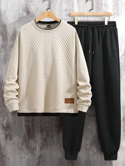 EGENSIO Men's Letter Print Contrast Color Long Sleeve Sweatshirt And Jogger Pants Casual Suit, Autumn Men Knitted Set