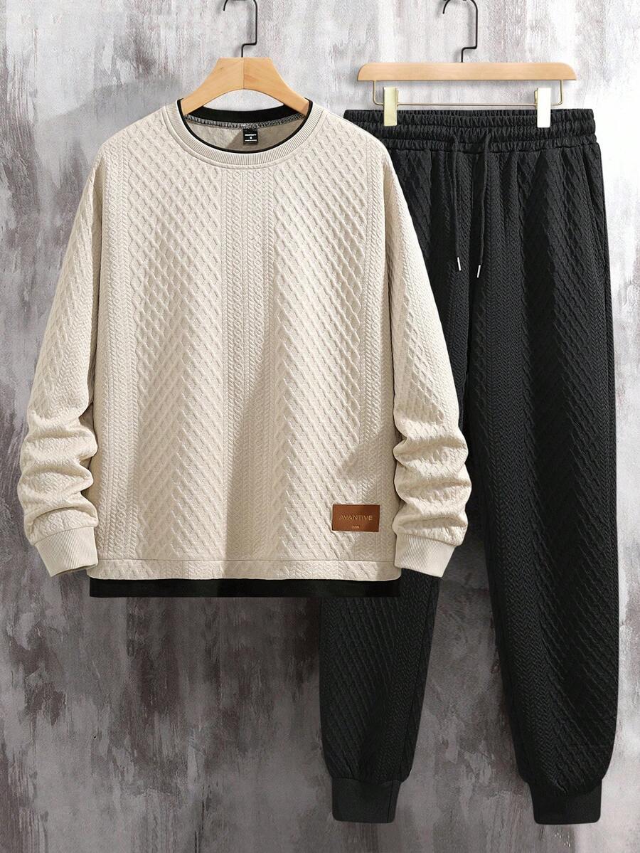 EGENSIO 男士字母印花撞色长袖运动衫和慢跑裤休闲套装，秋季 - 彩色 - 查看 1