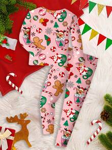 SHEIN Ensemble de pyjama rose à thème de Noël pour jeune fille, styledessin animén, coupe minimaliste, doublure thermique, col rond, manches longues et pantalon. Convient pour l'automne/l'hiver - Multicolore - Voir 2