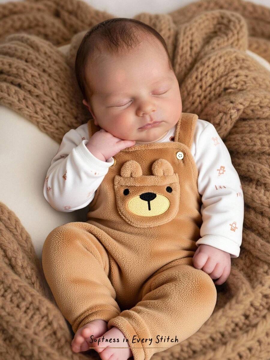 Cozy Pixies Bộ 2 món áo chui đầu cổ tròn tay dài dệt kim mềm mại họa tiết gấu hoạt hình cho bé gái sơ sinh + quần yếm dày - Nhiều màu - Xem 1