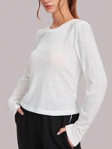 With My Calm Damen Daumen-Loch Strukturiertes Rippstoff Rundhals Langarm Lässig Sport T-Shirt, geeignet für täglichen Gebrauch, Laufen, Tennis