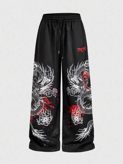 Anime Pantalon ample à jambes larges avec motif dragon, automne