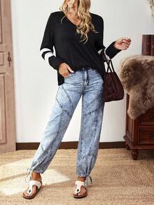 EMERY ROSE Quần jean ống rộng cạp chun đơn giản cho nữ - Màu xanh lam - Xem 1