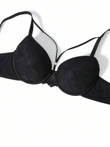 SHEIN 1 件浪漫性感蕾丝拼接提升支撑钢圈女士文胸 - 黑色 - 查看 12