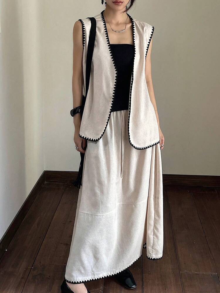 Women's Elegant 2 Pieces Set: Sleeveless Contrast Color Patchwork Vest And Long Skirt