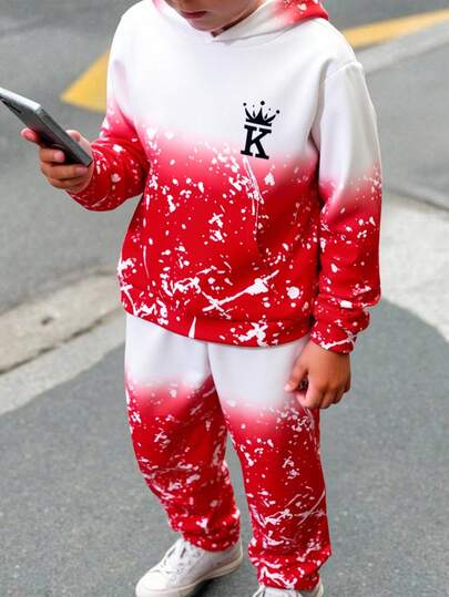 2 件套 Tween Boy 休闲渐变色手写字母图案连帽衫和松紧腰裤套装，适合秋季、春季、冬季，适合户外玩耍、学校、街头摄影、派对和居家休闲，性价比高