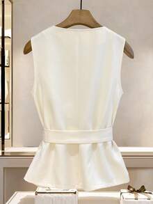 GlowEve Damen Lässig Pendler Rundhals Perlknopf Dekor Tasche Kontrastfarbe Ärmellos Regular Jacke, Herbst/Winter