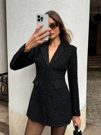 SHEIN BAE Women's Fall/Winter Tweed Shimmer Fabric Elegant Blazer Dress, Sophisticated Blazer , Dress For Women, Blazer Dress For Women,Date Night Outfits, Party Suit Dresses