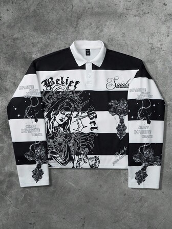 Street Life Men Retro Virgin Mary Striped Letter Graphic Print Street Style Pullover Sweatshirt, Fall