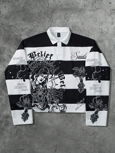 Street Life Sweat-shirt-shirt à col rond homme style rétro avec imprimé graphique de lettres et rayures de la Vierge Marie, automne