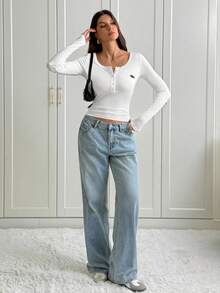 SHEIN Tall Conjunto de dos piezas para mujer, top básico ajustado de manga larga con botones delanteros, blanco y negro, otoño, casual, escuela, vuelta al colegio, ropa de invierno, ropa para Acción de Gracias, para mujeres altas - Blanco y Negro - Ver 7