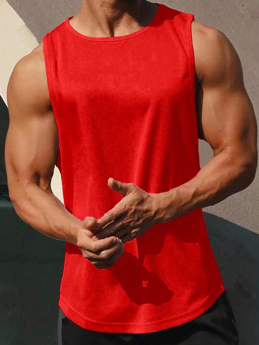 Manfinity Fitness 男士运动无袖运动 T 恤、背心、吊带 - 训练和健身房和健身垂袖剪裁吸湿排汗、透气、快干红色常规剪裁面料圆领中弹男友风格男士纯色圆领夏季运动背心健身上衣健身房上衣圣诞节透气 - 紅色 - 查看 1