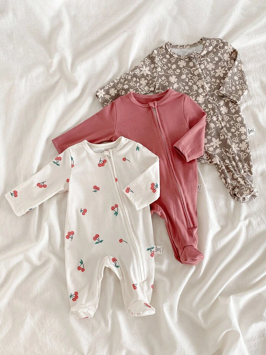 3pcs Newborn Baby Boys/Girls Soft & Comfortable Thin Floral Print Zipper Jumpsuit Set, Long Sleeve Romper & Pants, Casual Outfit For Autumn/Winter - Multicolor - View 1